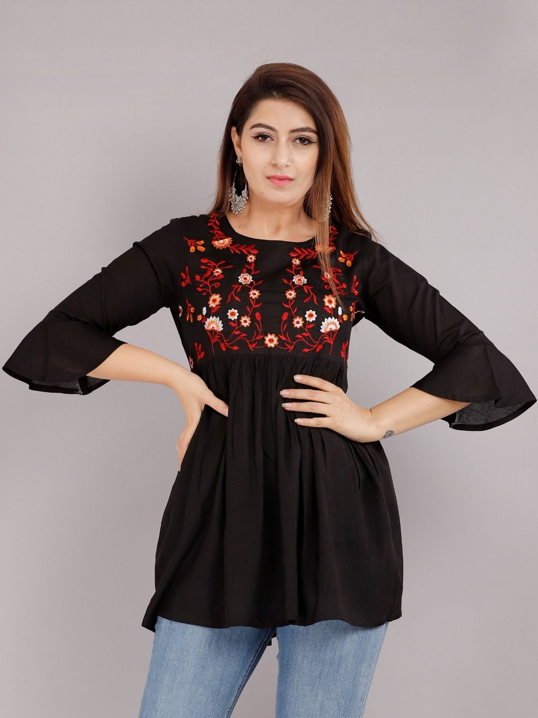 Pari A1 Floral Embroidered Cotton Peplum Longline Top