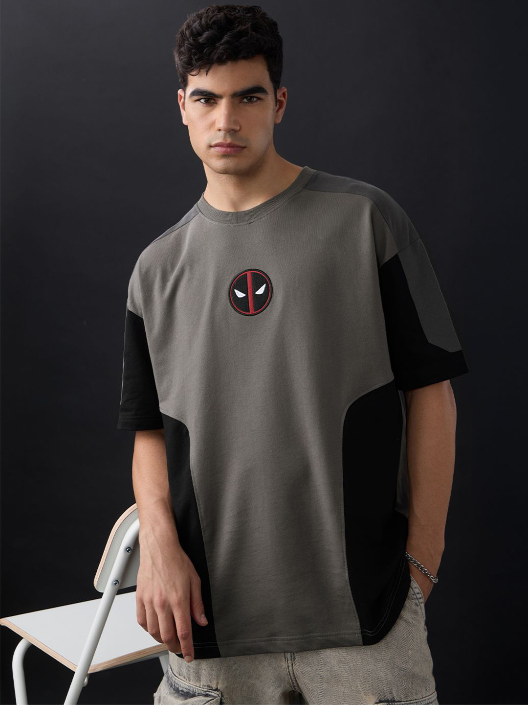 The Souled Store Men Deadpool Solid Printed Round Neck Cotton Oversized T-shirt