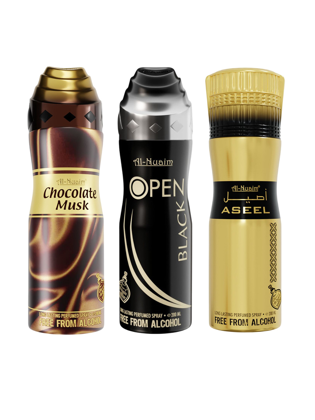 Al-Nuaim Set of 3 Alcohol Free Deodorant 200 ml each - Chocolate Musk + Aseel + Open Black