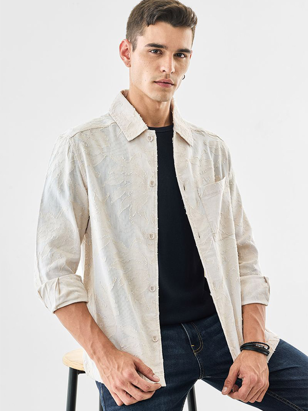 Snitch Boxy Floral Textured Long Sleeves Cotton Overshirt