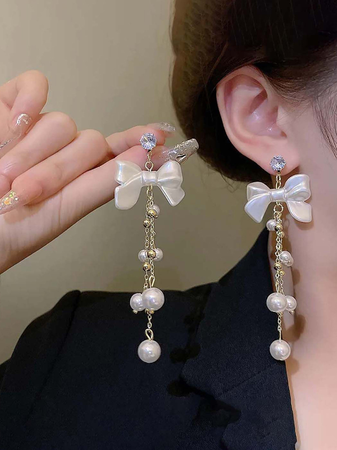 GOLDIWALA Korean Gold-Plated Cubic Zirconia Studded & Artificial Beaded Bow Drop Earrings
