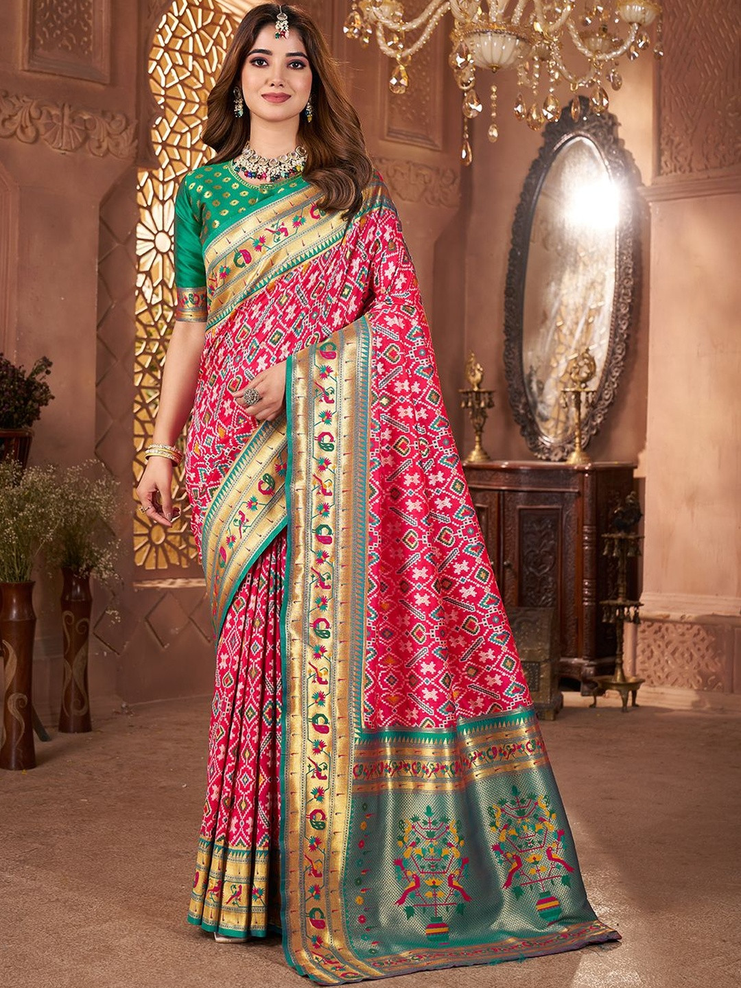Kalini Women's Kanjeevaram Patola Silk Zari Weaving Saree With Matching Blouse Piece