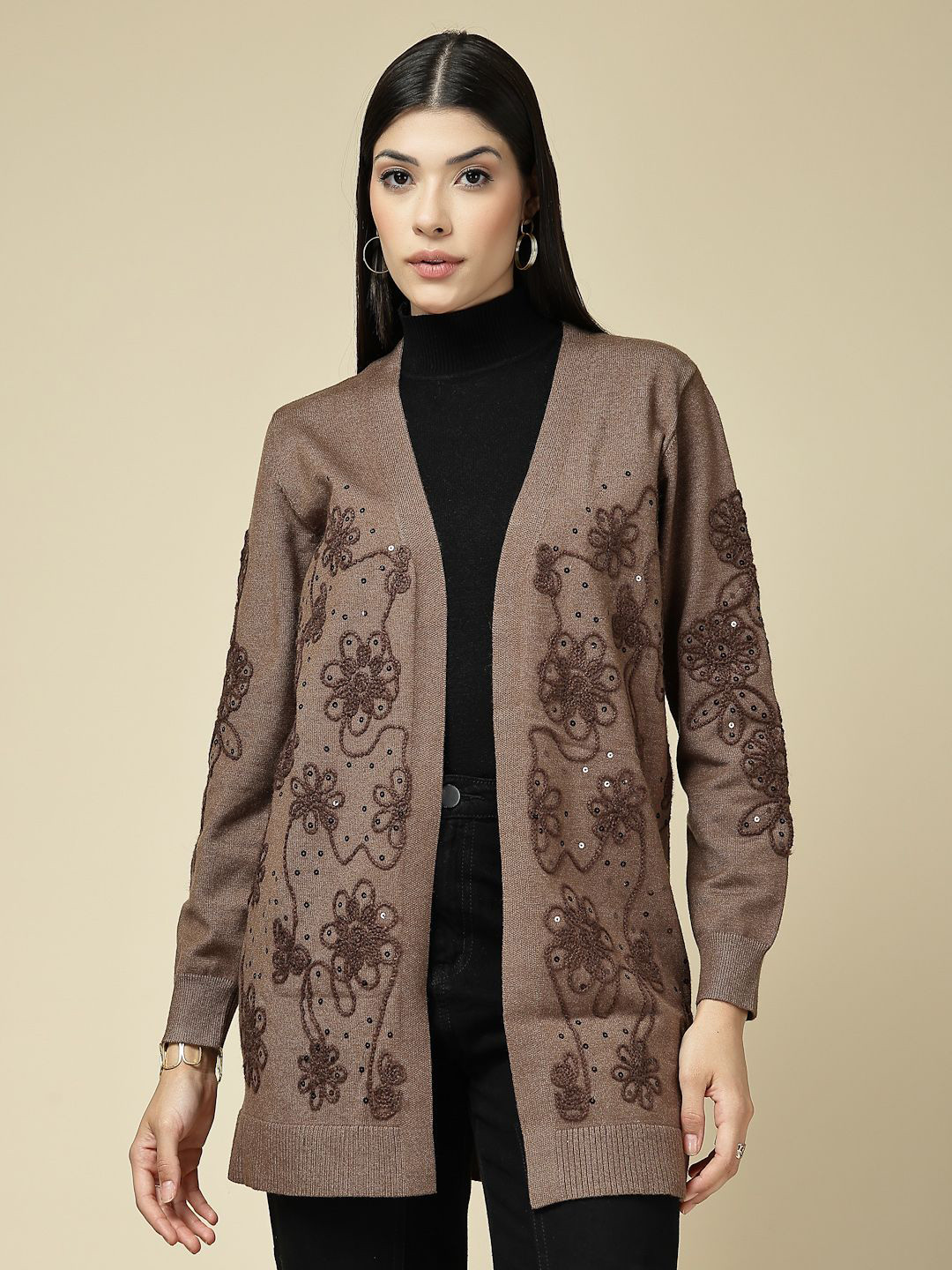 Mafadeny Embroidered Open Front Long Sleeve Longline Shrug