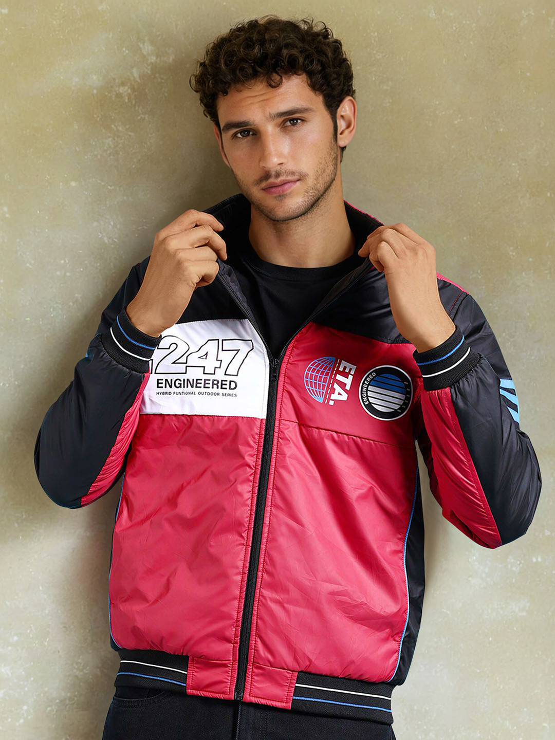 The Indian Garage Co Men Red Crop Outdoor Bomber with Patchwork Jacket