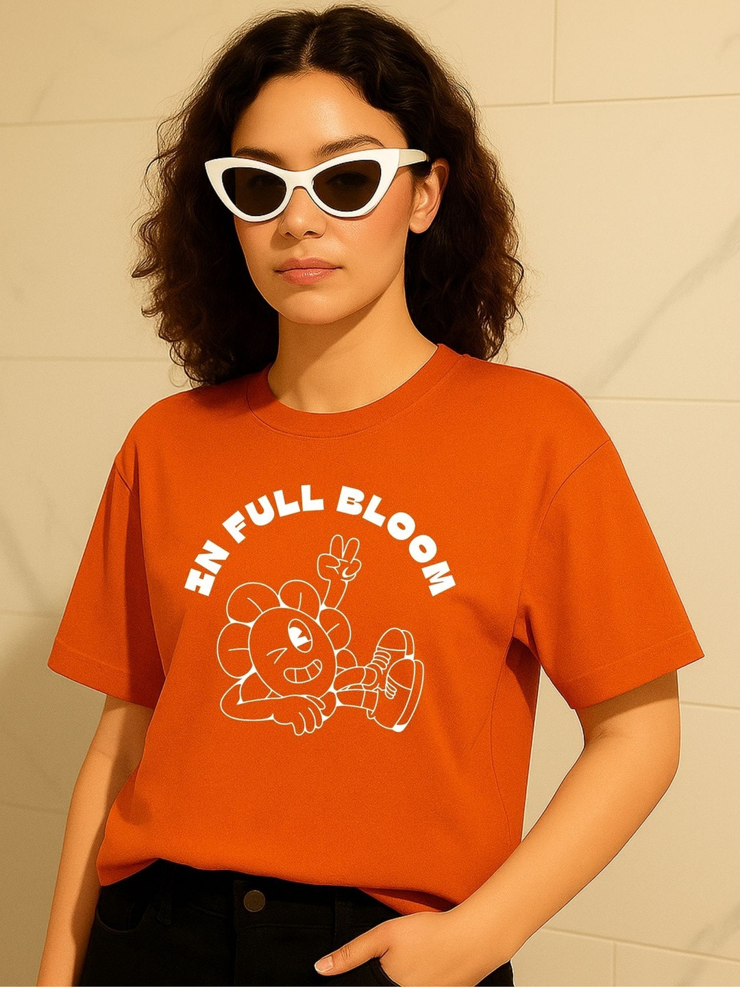 PVC RAIMENTS Women Orange Round Neck Cotton Short Sleeves Printed Tshirts