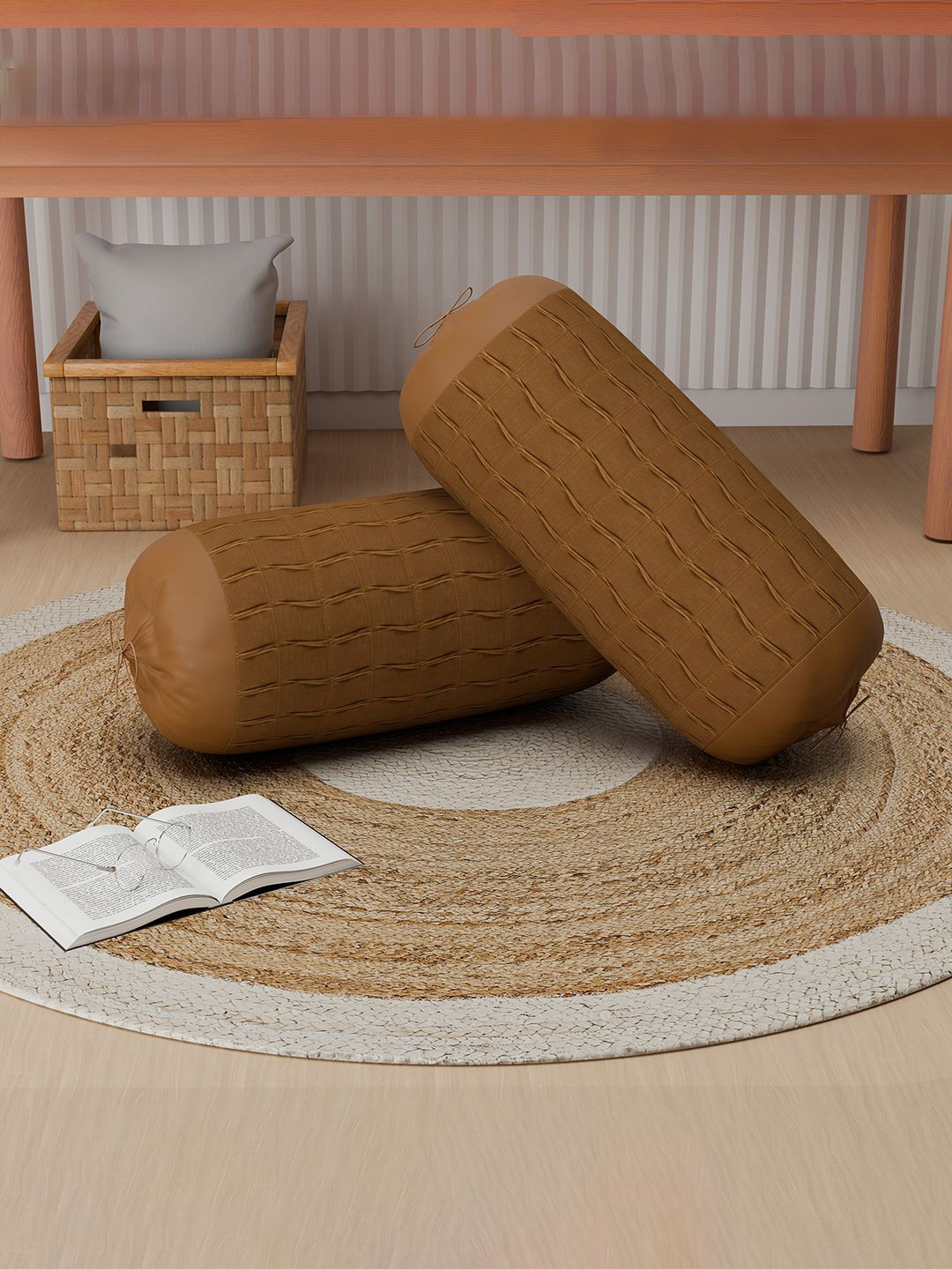 Kuber Industries Set Of 2 Coffee Brown 7 Wave Diwan Bolster Covers With Drawstring Closure