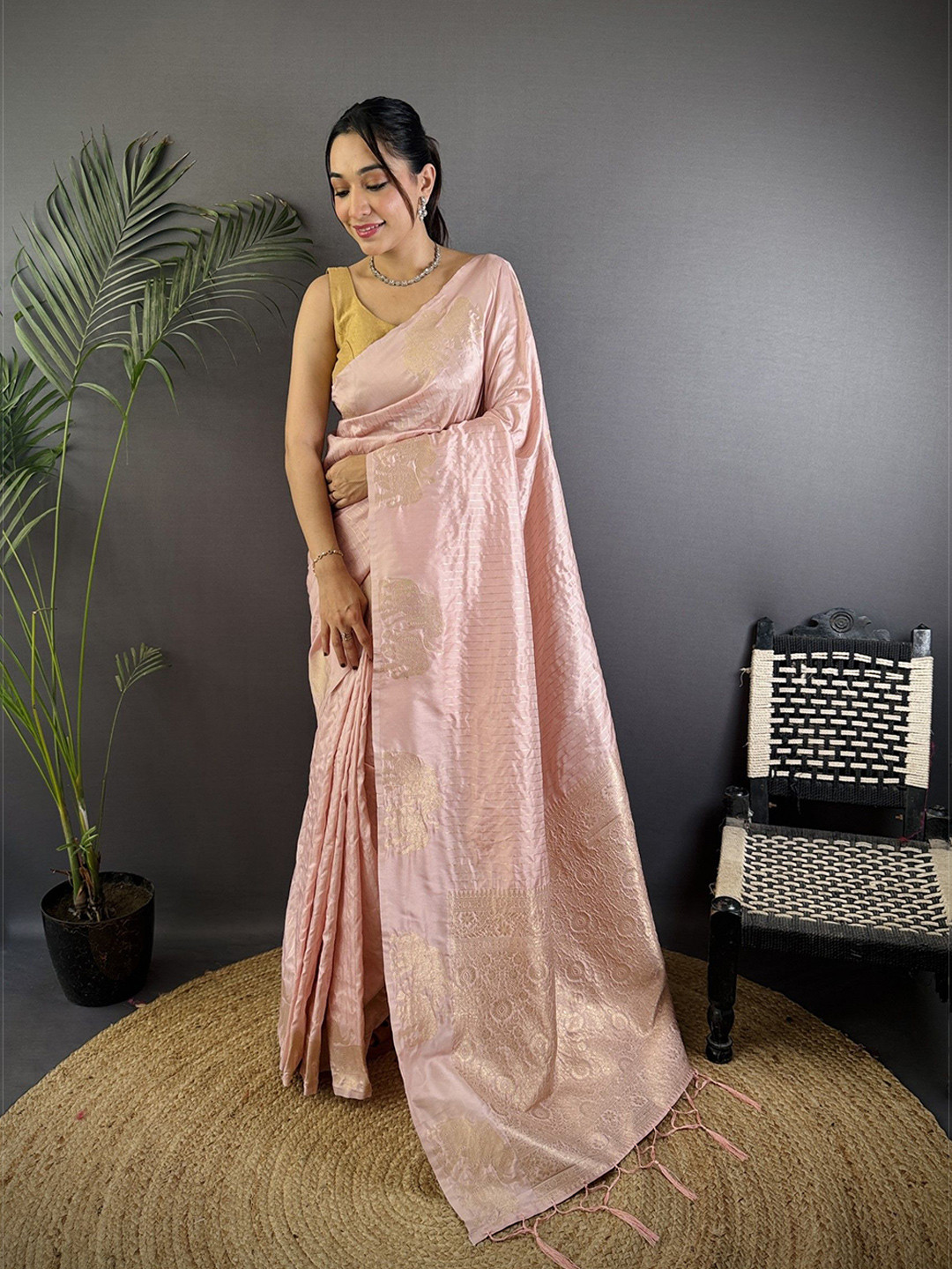 Mitera Striped Woven Zari Lichi Silk Two Tone Banarasi Saree