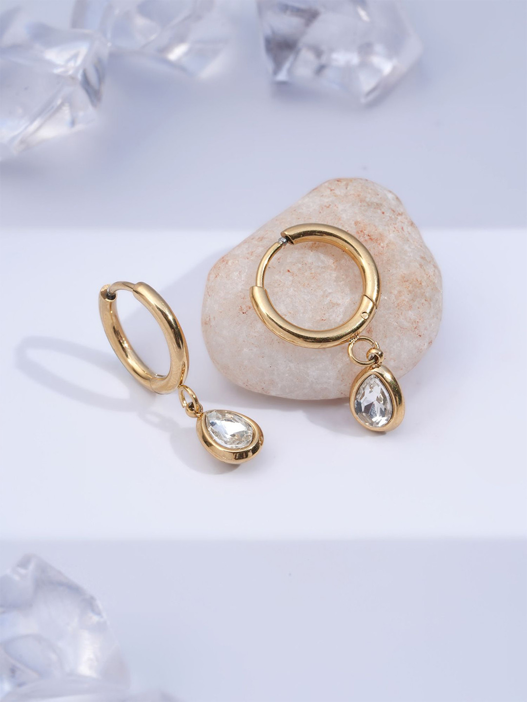 PALMONAS Gold-Plated Stainless Steel Cubic Zirconia Lustra Teardrop Shaped Hoop Earrings