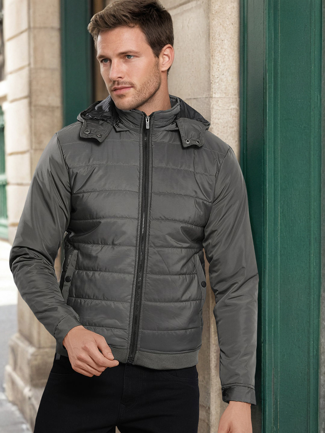 The Indian Garage Co Men Slim Fit Puffer Jacket with Detachable Hood