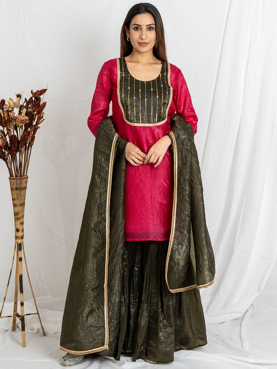 Noia Women Embroidered Regular Sequinned Kurta & Sharara With Dupatta