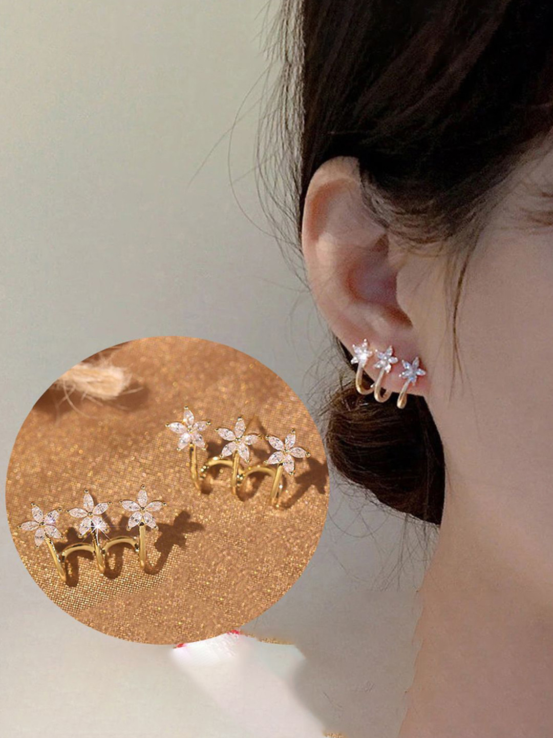 GOLDIWALA Korean Gold-Plated Cubic Zirconia Studded Floral Shaped Studs