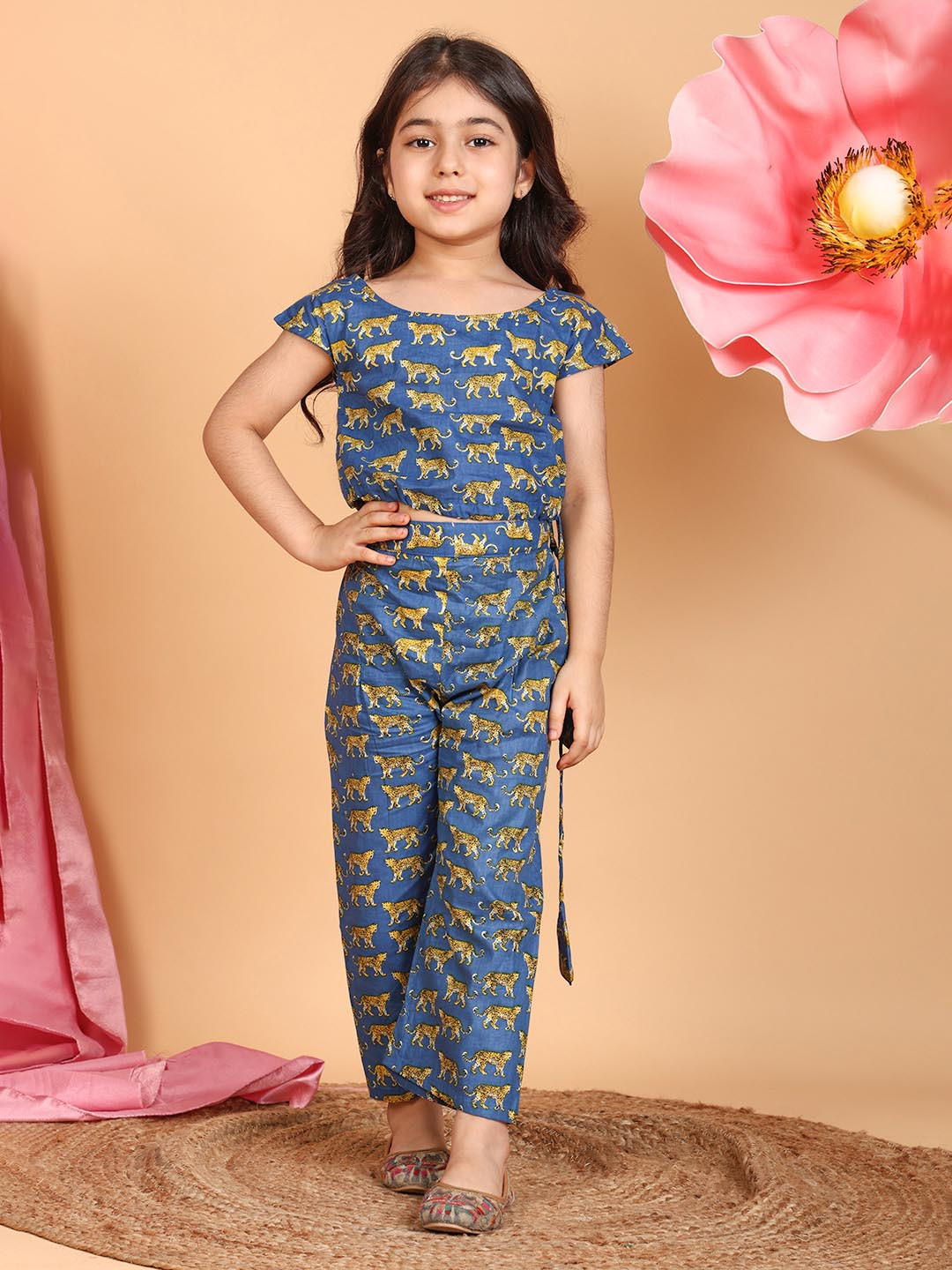 Sangria Girls Tiger Printed Round Neck Pure Cotton Top & Palazzos
