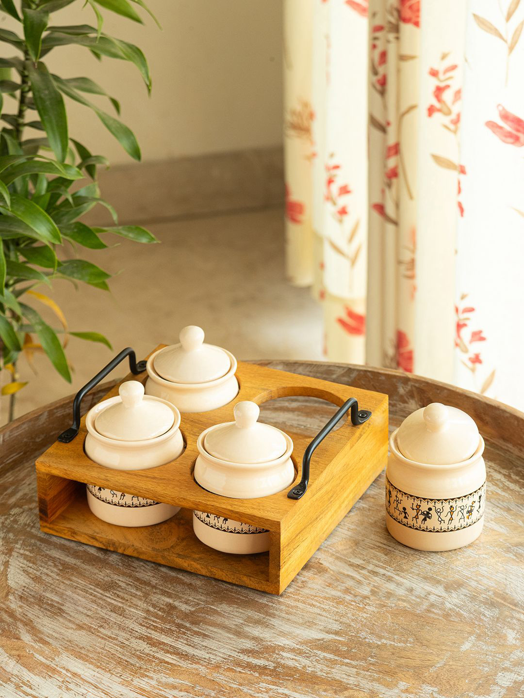 ExclusiveLane Art Of Warli White 4 Pieces Ceramic Pickle Jar 280ml Set With Wooden Holder