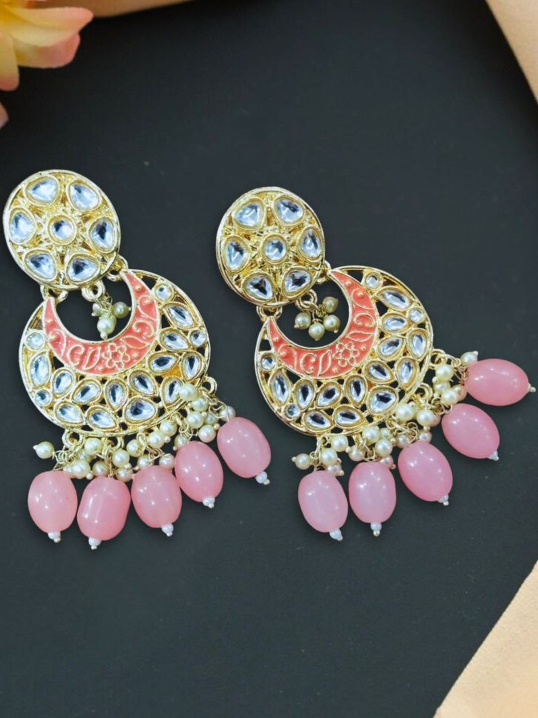 Anouk Women Peach & Pink Gold-Plated Kundan Studded Dome Shaped Alloy Drop Earrings