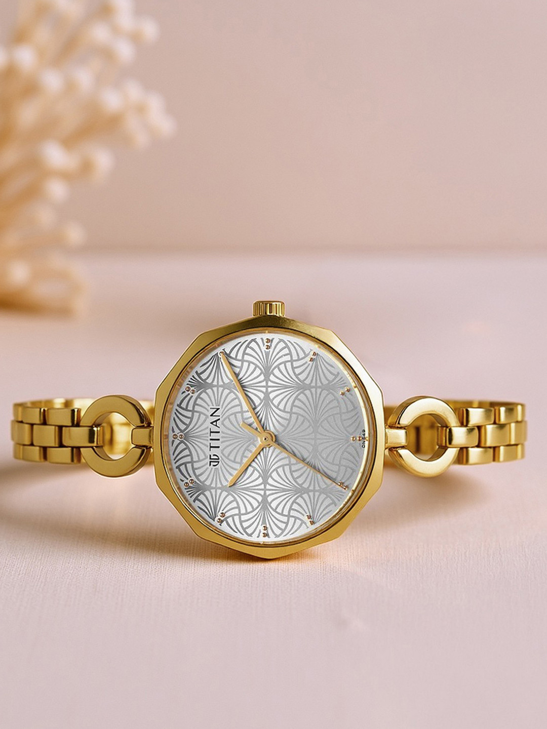 Titan Women Brass Dial & Stainless Steel Bracelet Style Straps Analogue Watch 2702WM01