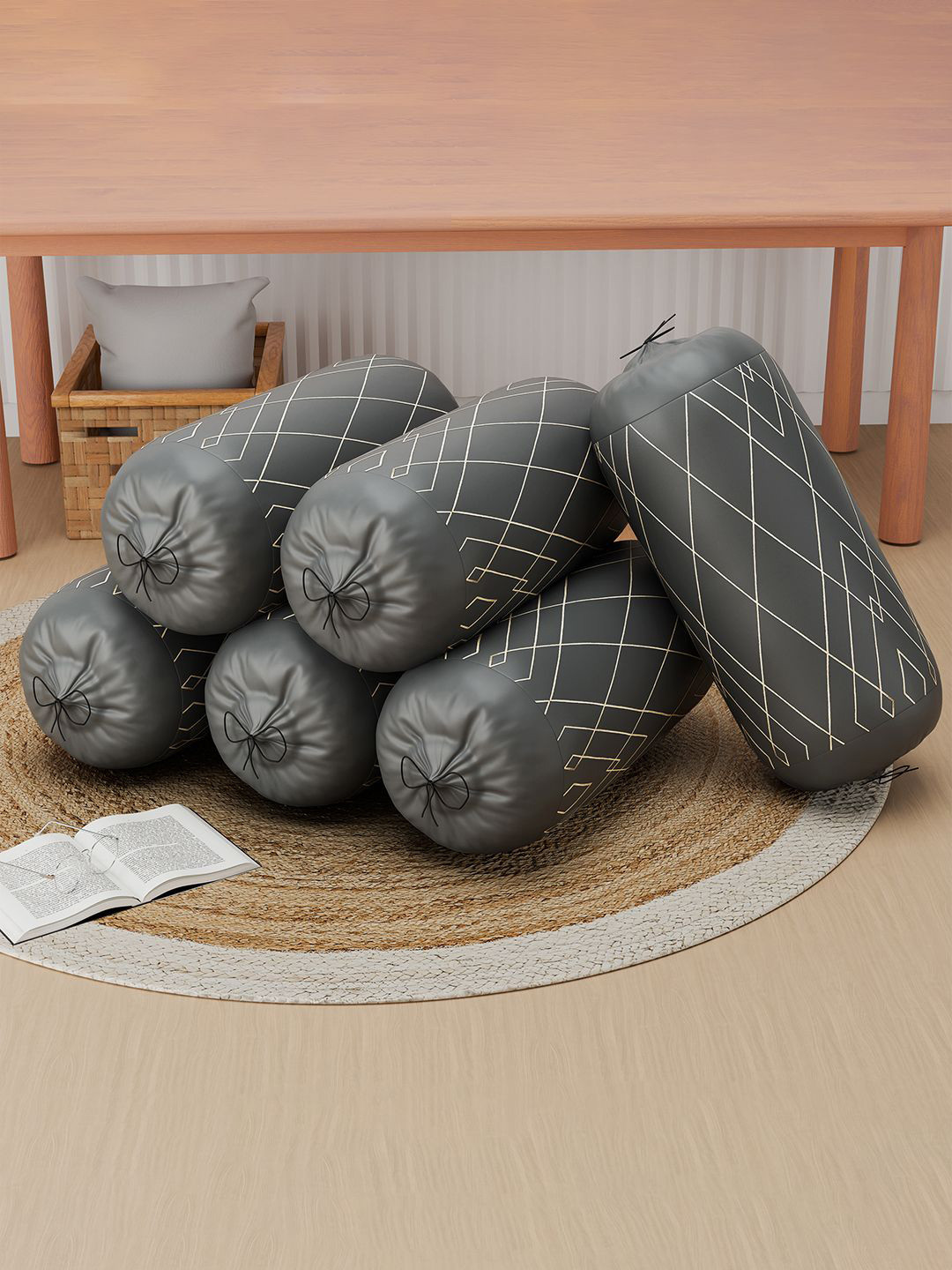 Kuber Industries Set of 6 Grey Checked Bolster Pillow Cover with Drawstring Closure