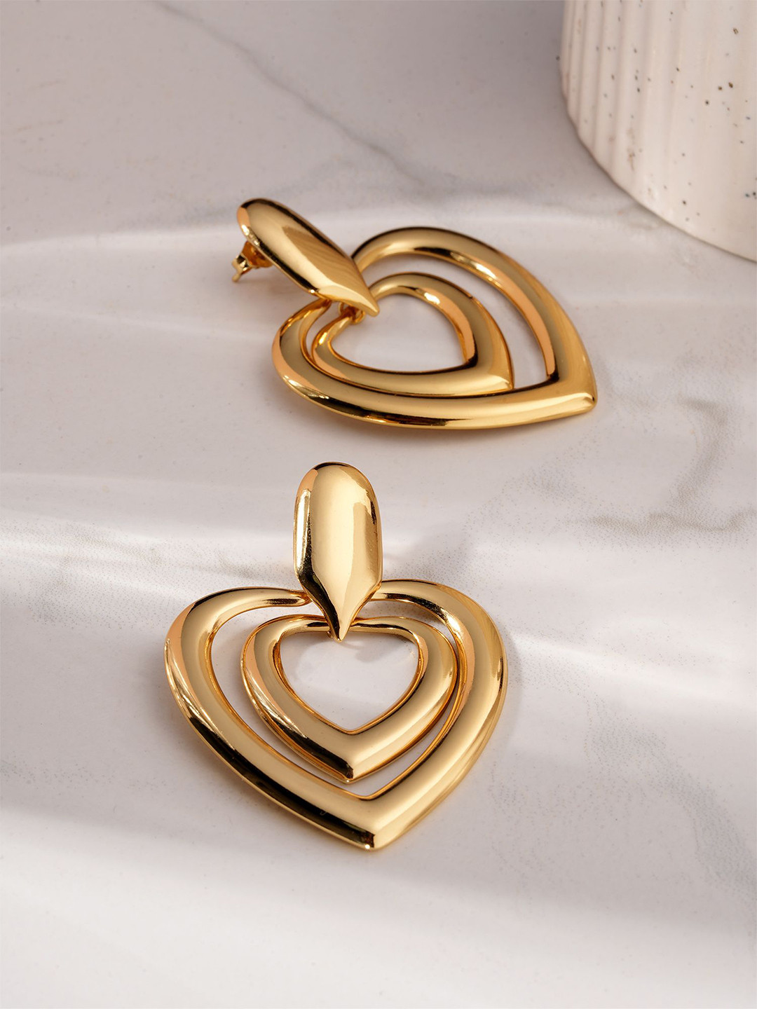 PALMONAS Gold-Plated Stainless Steel Twin Heart Shaped Anti-Tarnish Drop Earrings
