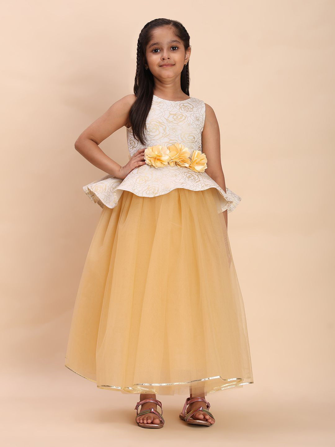 Toy Balloon kids Girls Floral Print Applique Tulle Peplum Maxi Dress