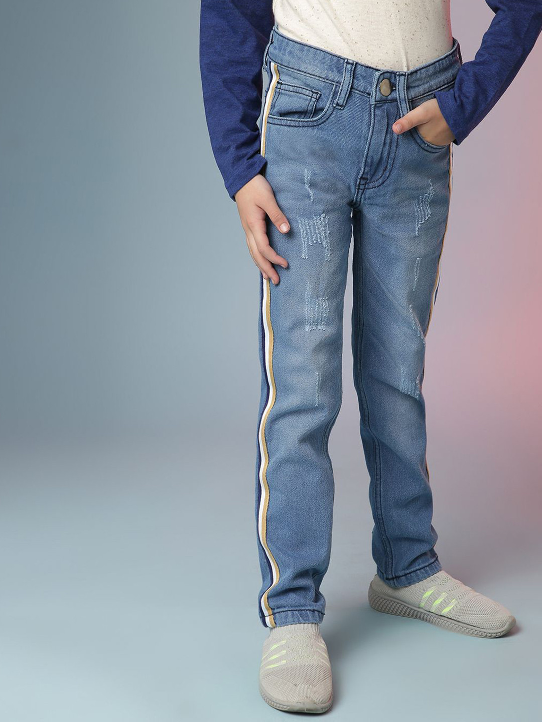 Instafab Boys Comfort Relaxed Fit Mid-Rise Light Fade Side Stripes Jeans