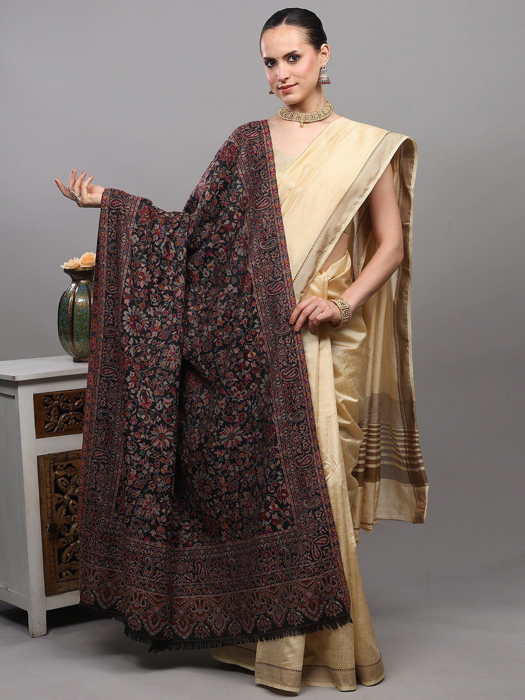 Exotic India Kani Jamawar Shawl From Amritsar With Woven Floral Jaal And Paisleys