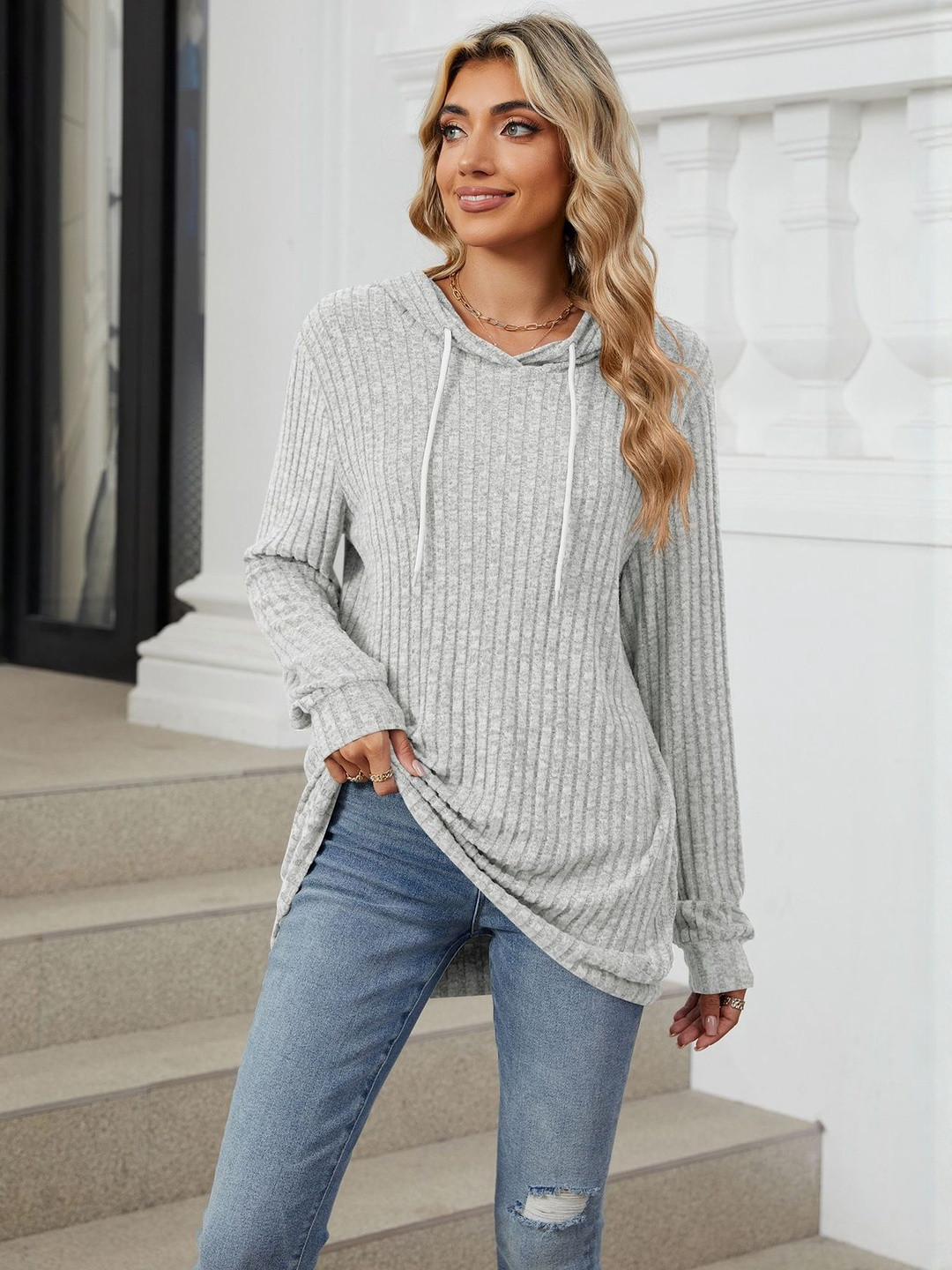 HERE&NOW Women Grey Solid Long Sleeves Sweaters