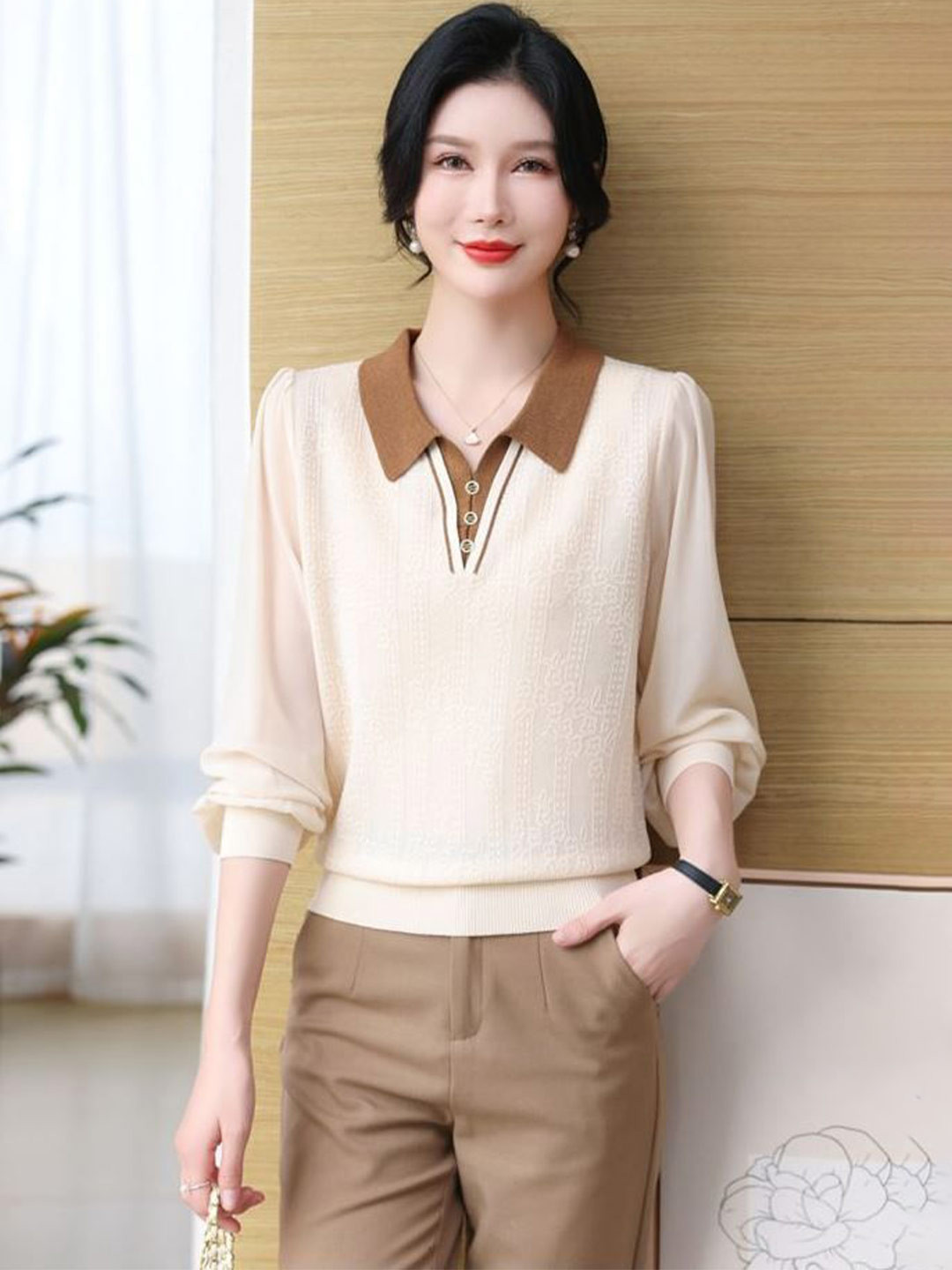 StyleCast Women Self Design Long Sleeve Shirt Collar Sweatshirt