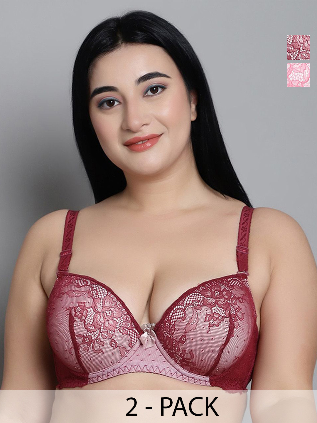 MAKCLAN IrresistiBle Pack Of 2 Women Floral Medium Coverage Underwired Plunge Lace Bra