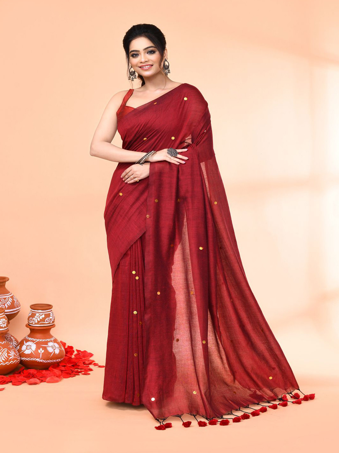 Piyari Fashion Embellished Mirror Work Khadi Saree