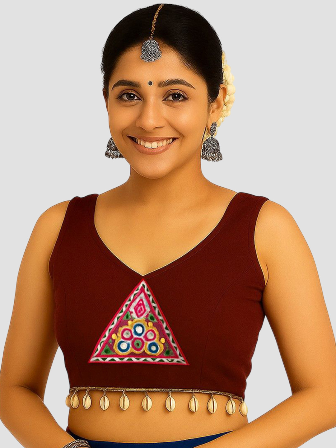 FANCYNINE Embroidered V-Neck Mirror Work Cotton Saree Blouse