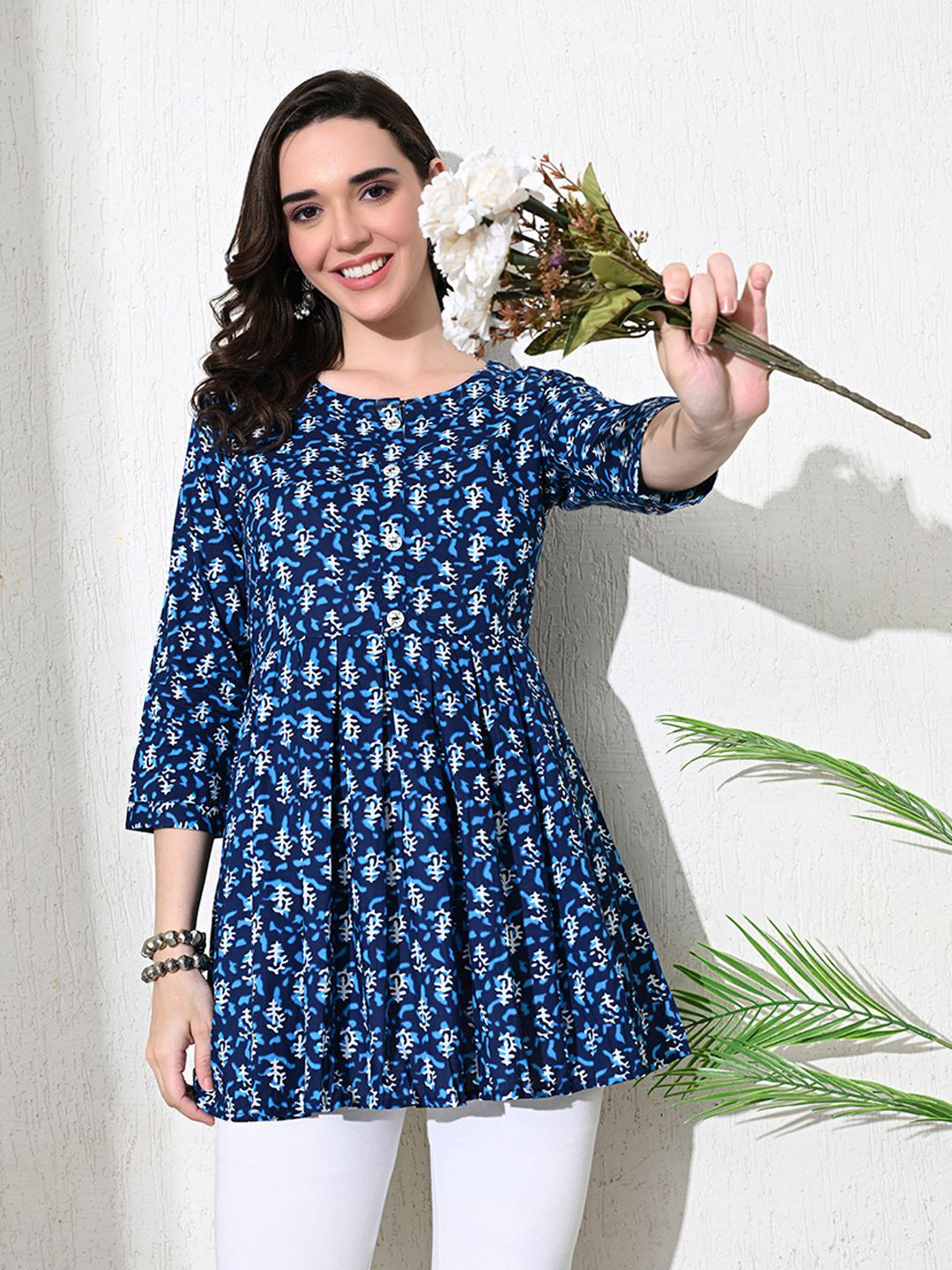 Lavantika Women Indigo Block Printed Cotton Flared Tunic