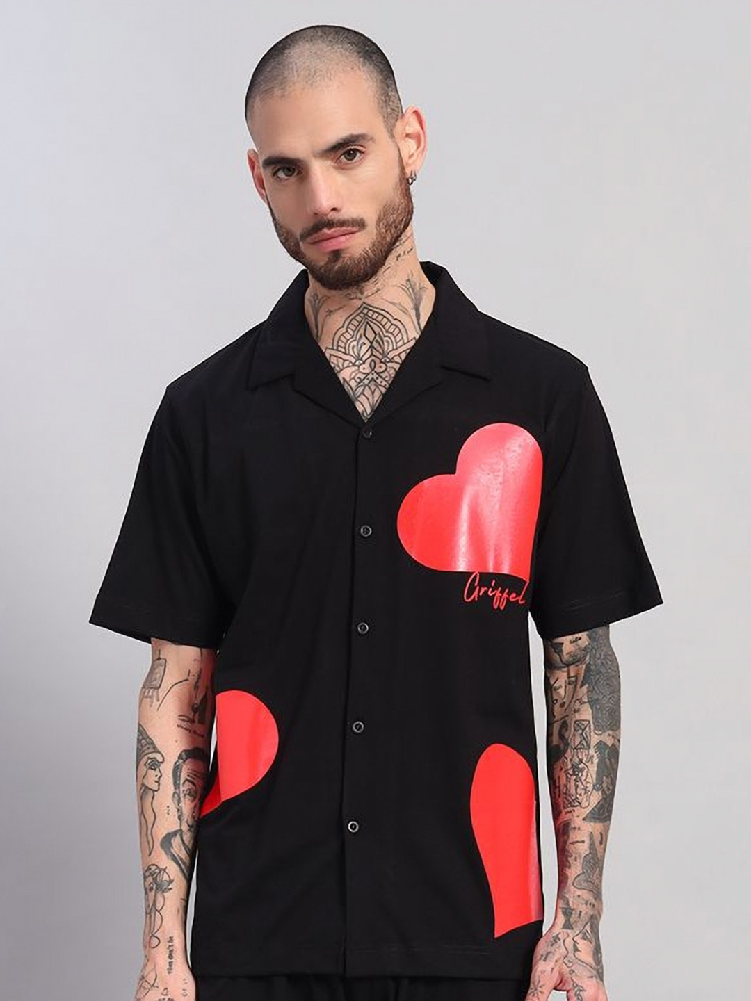 GRIFFEL Men Graphic Red Heart Printed Cotton Casual Shirt