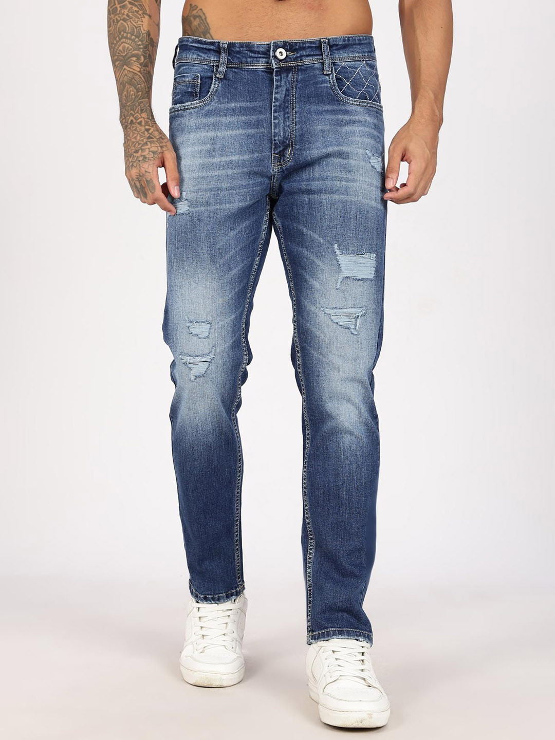 COLOR HUNT Men Comfort Slim Fit Mid-Rise Mildly Distressed Light Fade Jeans