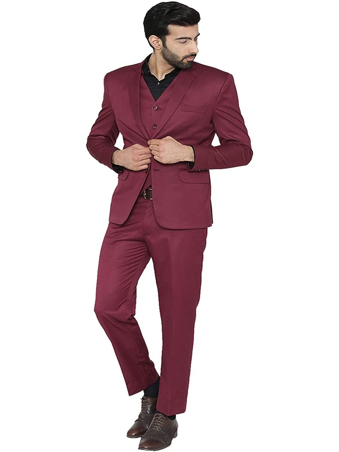 DHINGRA Men Maroon Polyviscose Single Breasted 3pcs Suit
