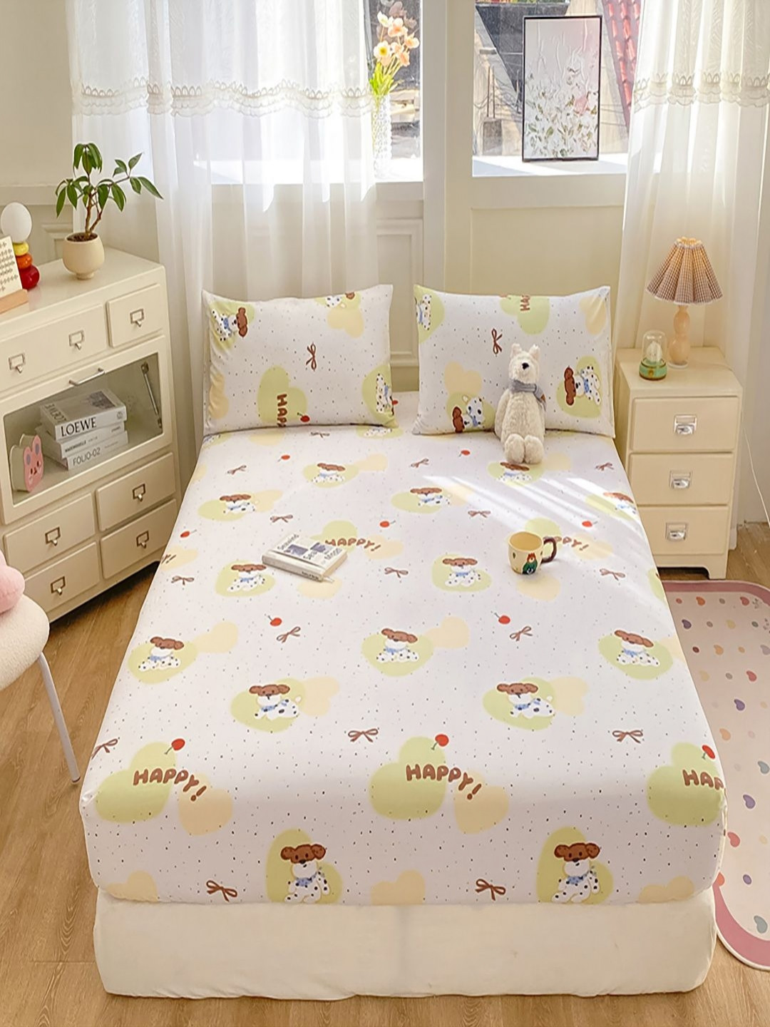 JC HOME White Graphic 140 TC Queen Bedsheet 1.50 m x 2 m