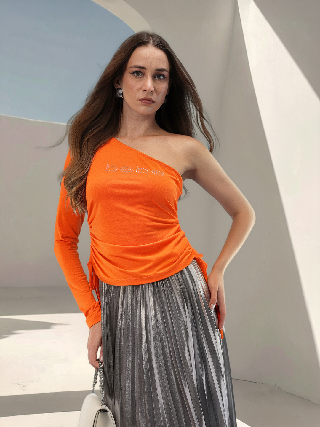 bebe Season Staples Brand Logo Embellished One Shoulder Ruched Crop Top