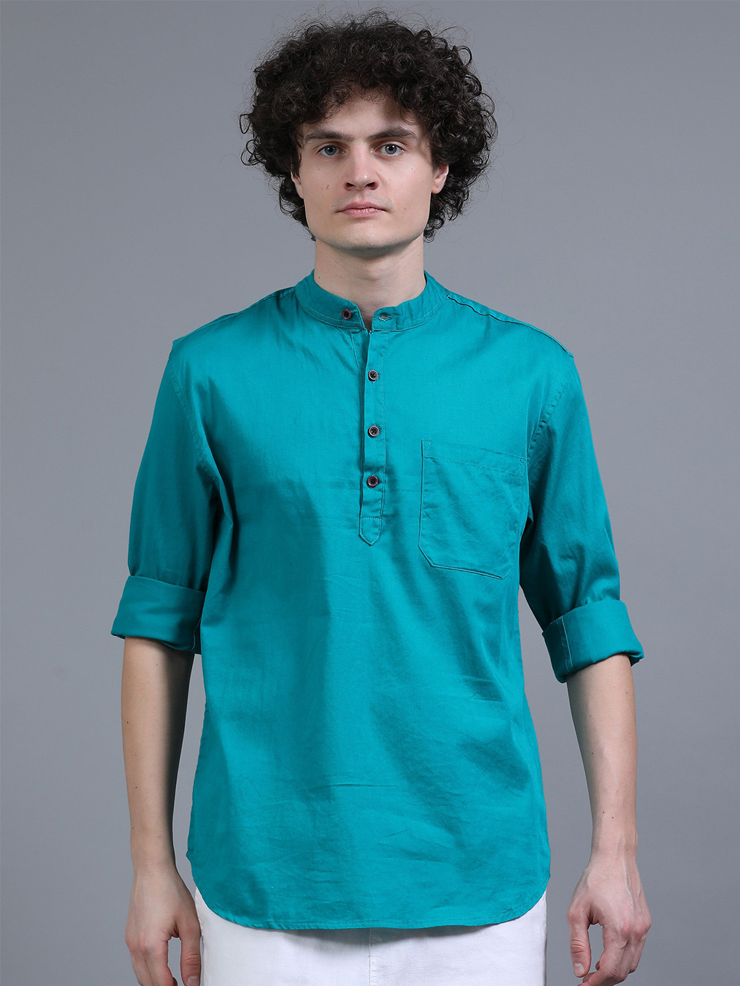 Proword Men Solid Mandarin Collar Pure Cotton Short Kurta