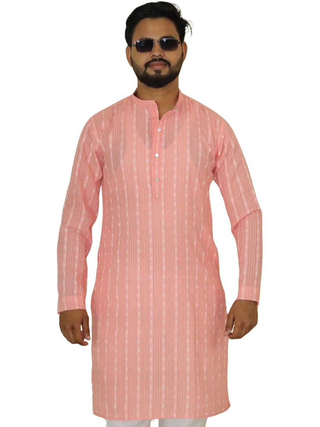 PUSHPRAJ FASHION Men's Katha Cotton Colllar Neck Full Sleeves Striped Straight Kurta