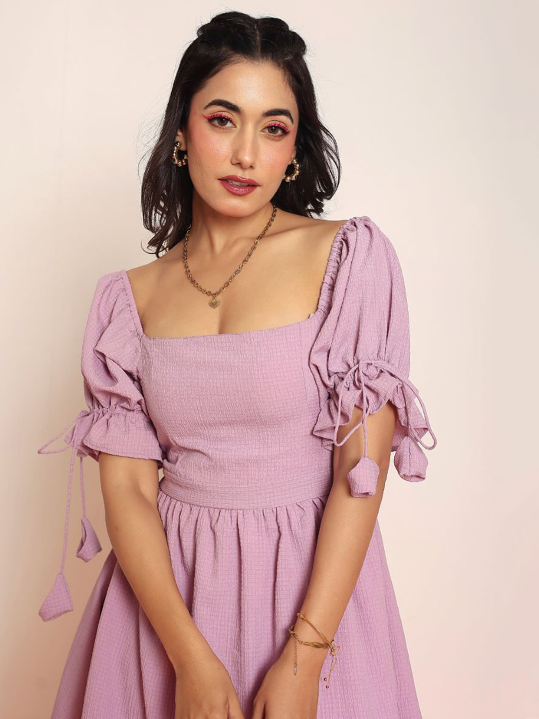 LOVEPRASHA Women Puff Sleeve Smocked Fit and Flare Dress