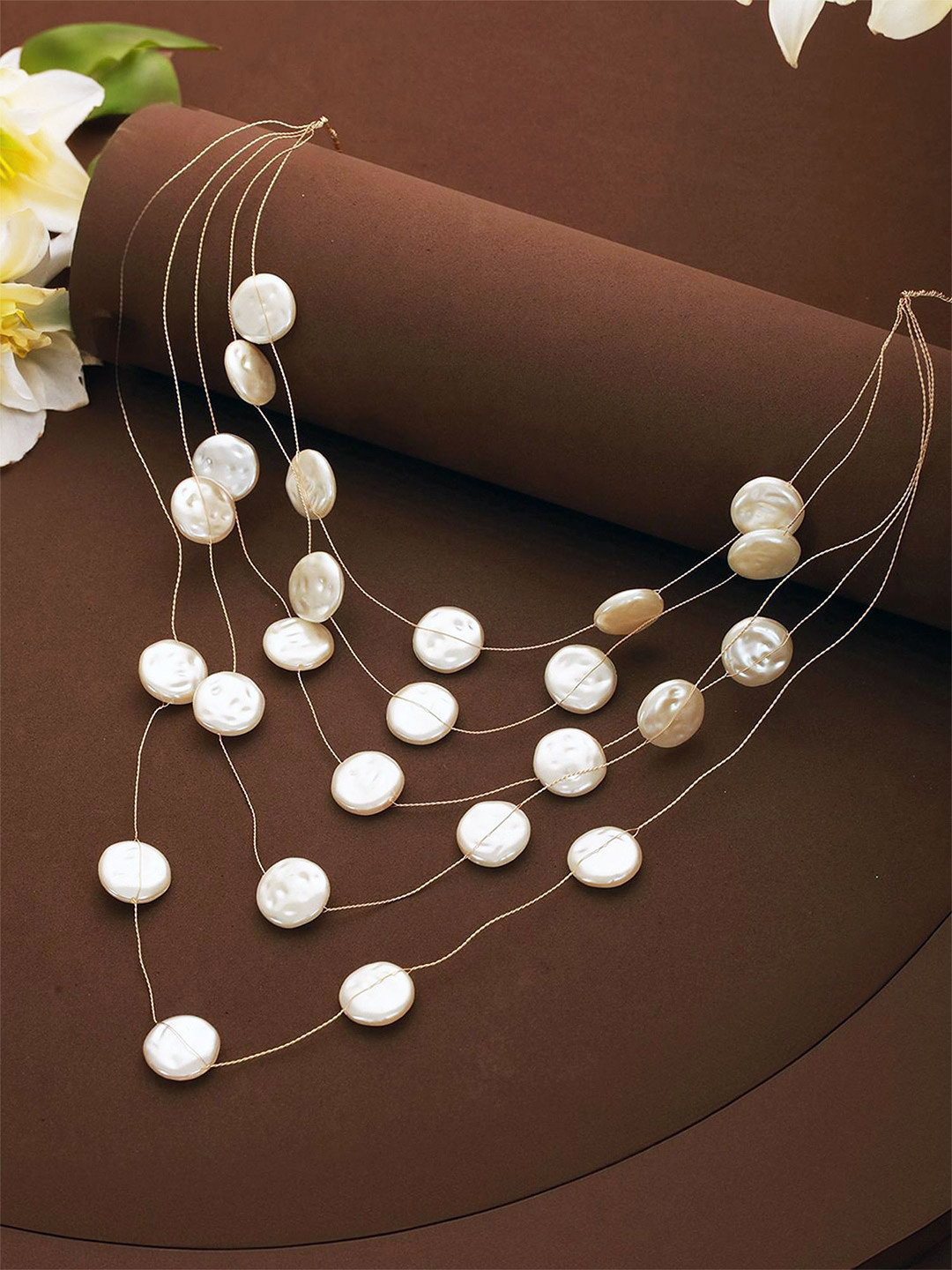 Bohey by KARATCART Gold-Plated Pearls Beaded Statement Layered Necklace And Chain