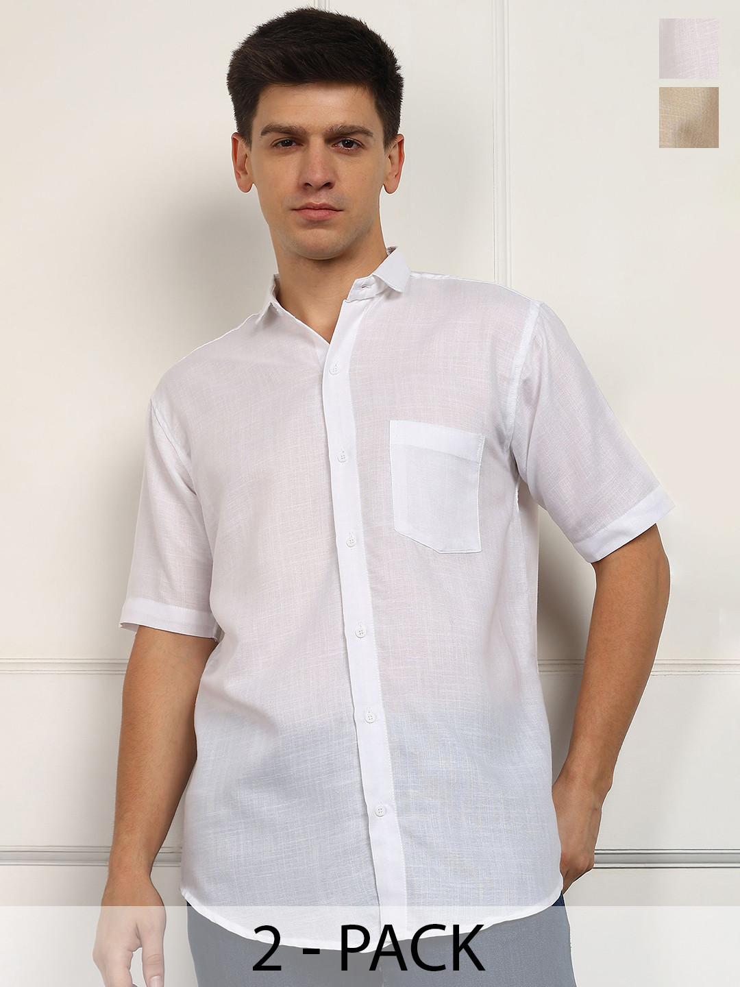 BROWN BROTHERS Pack Of 2 Spread Collar Short Sleeves Cotton Linen Shirts