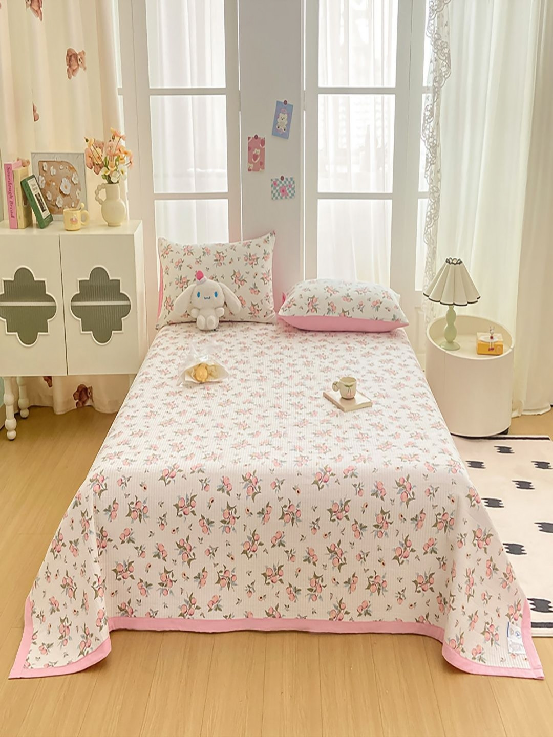 JC HOME 3-Pcs Pink & Beige Printed Single Bed & Pillow Covers