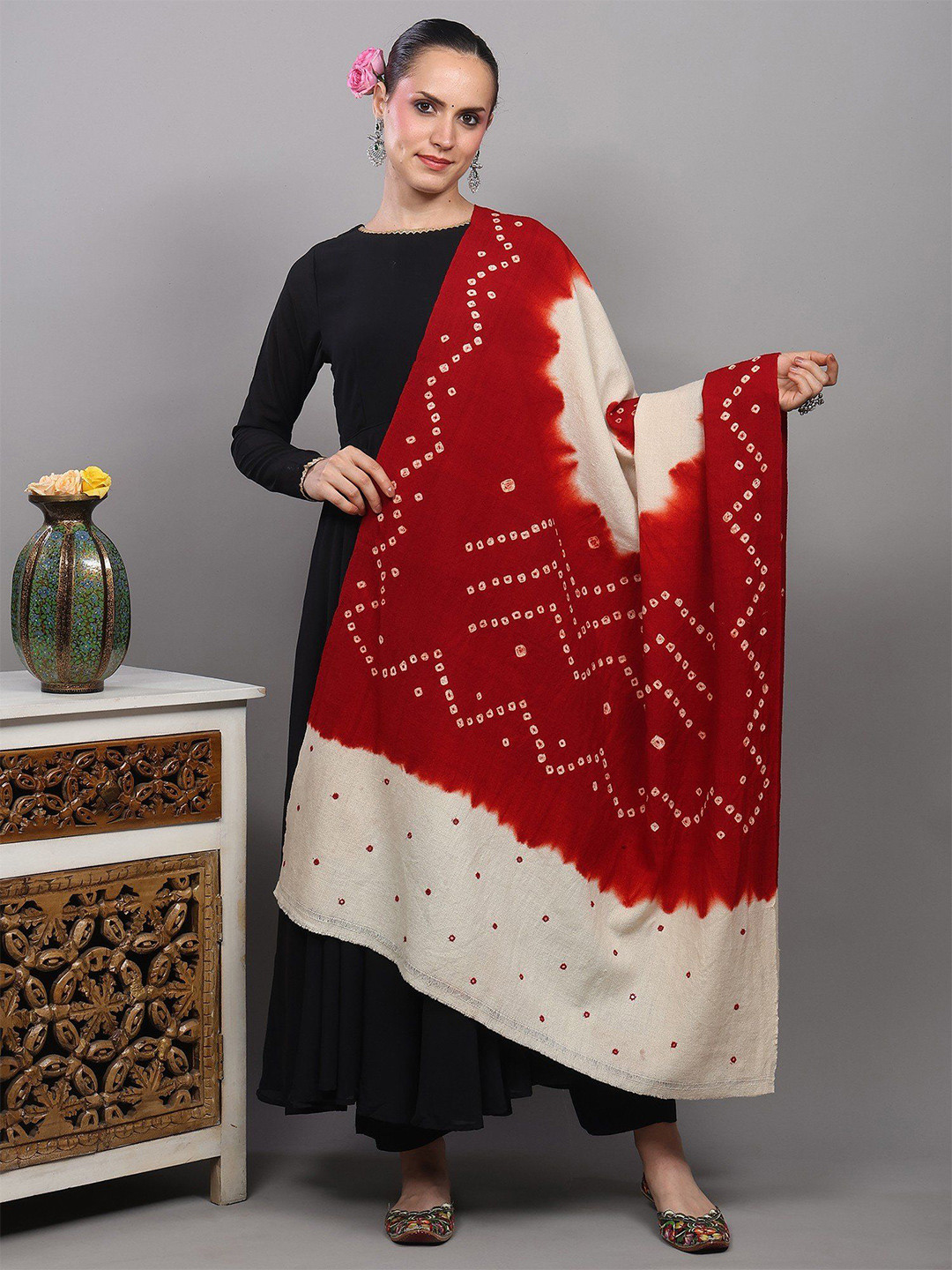 Exotic India Bandhani Tie-Dye Pure Wool Shawl With Mirror Embroidered Palla From Gujarat