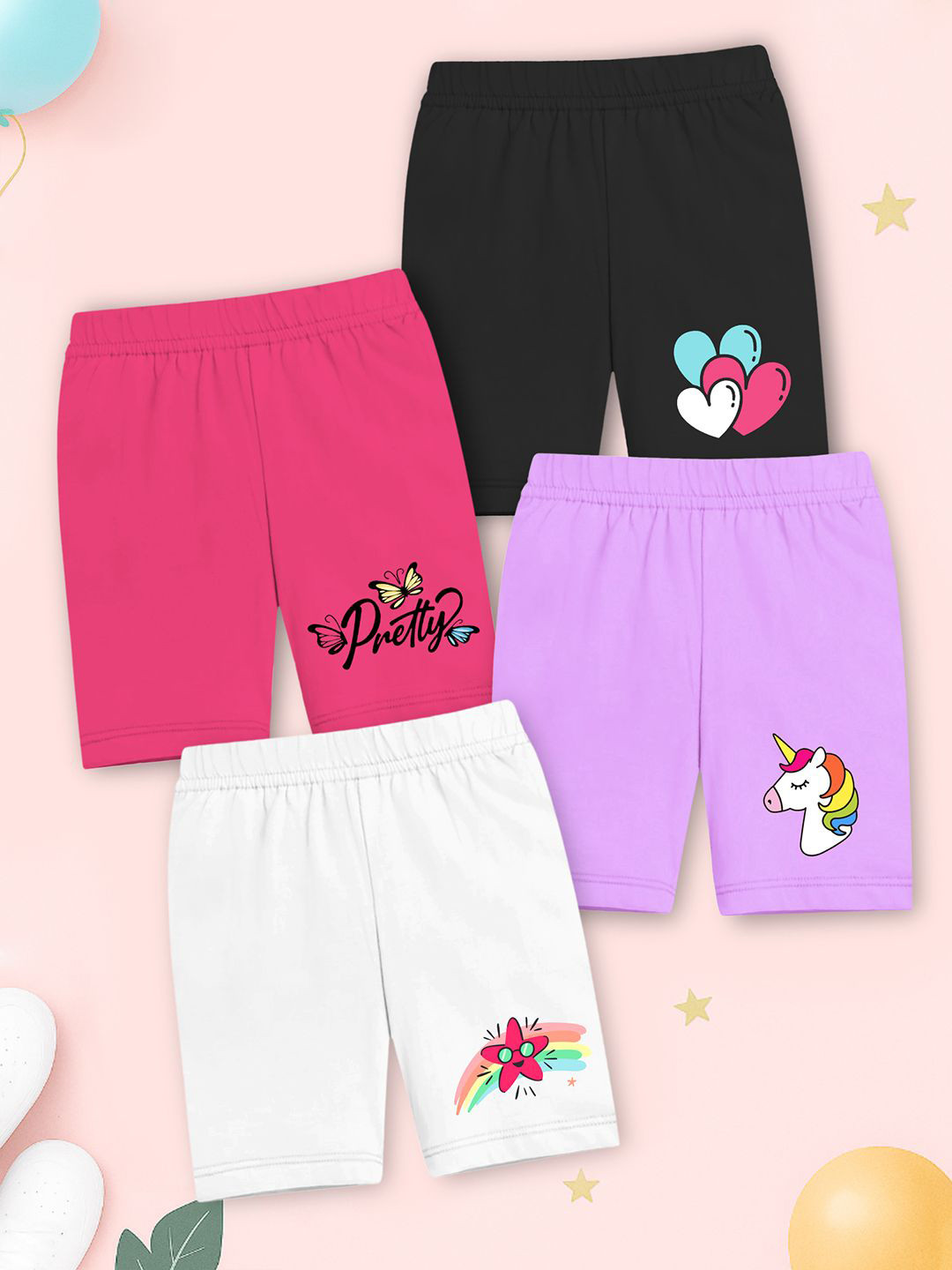 YK X Trampoline Girls Pack of 4 Graphic Printed Slim Fit Cotton Cycling Sports Shorts