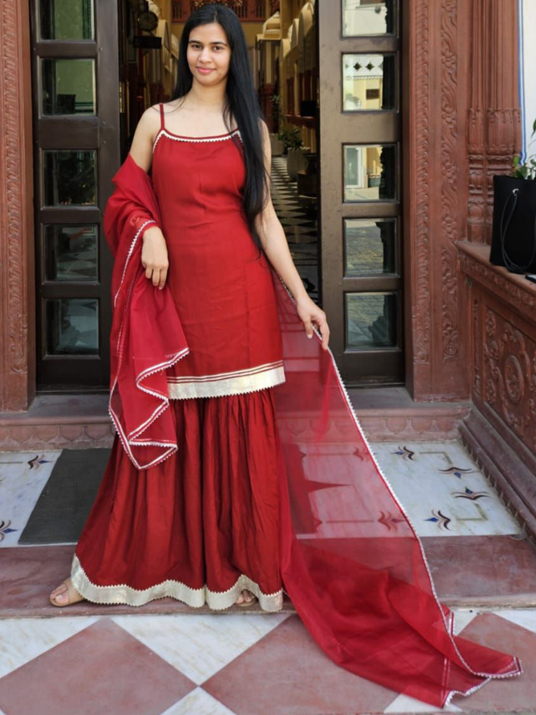 JAGRON Shoulder Straps Straight Kurta With Sharara & Dupatta