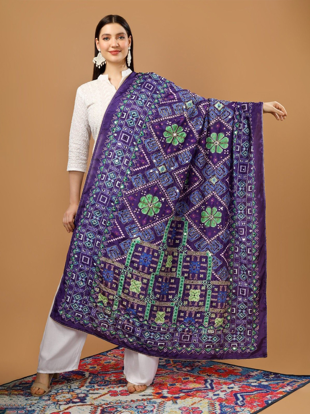 A R SILK DUPATTA HUB Geometric Printed Mirror Work Silk Dupatta