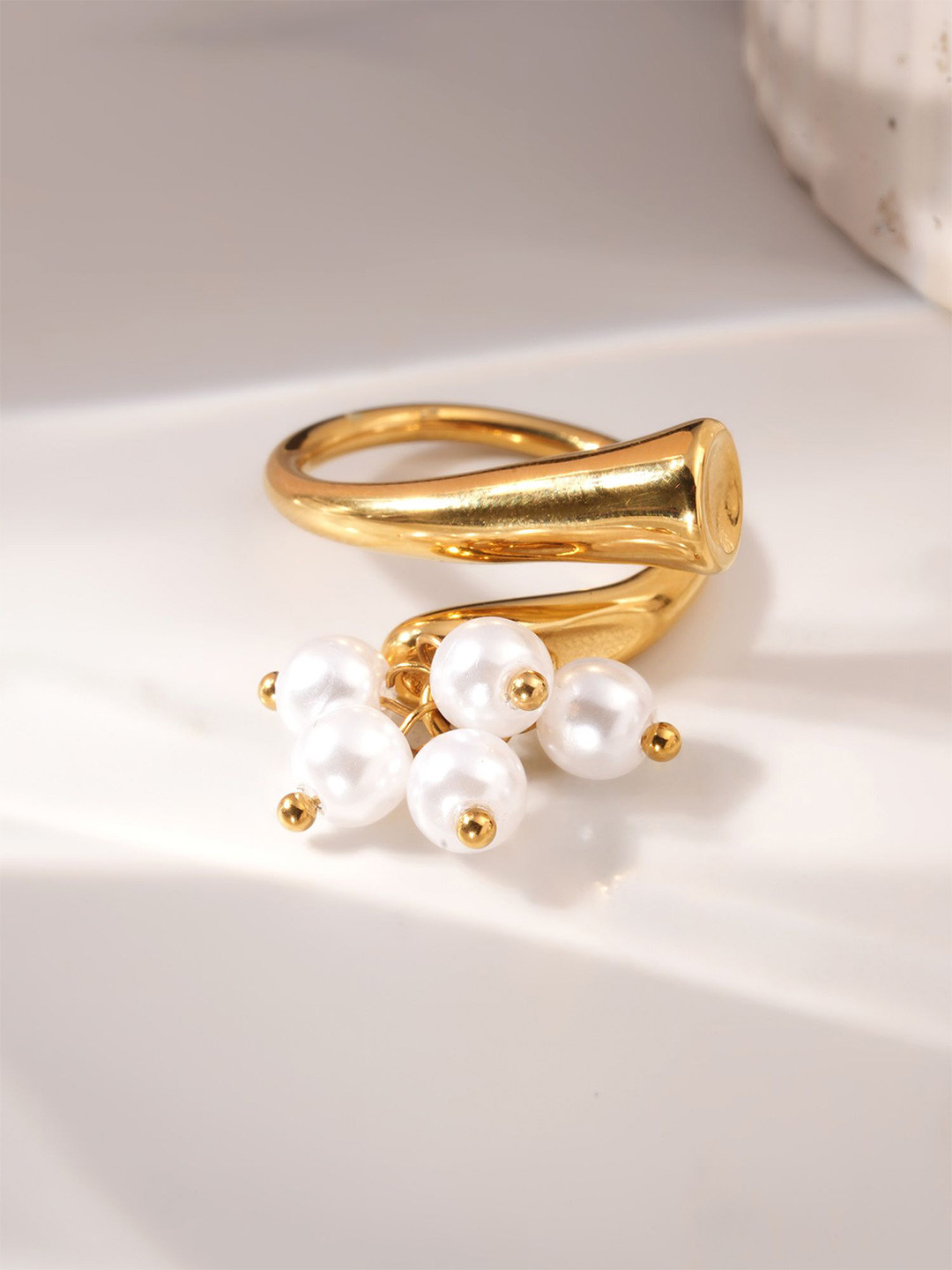 PALMONAS Waterproof & Anti-Tarnish Ornate Pearls Tassel Ring