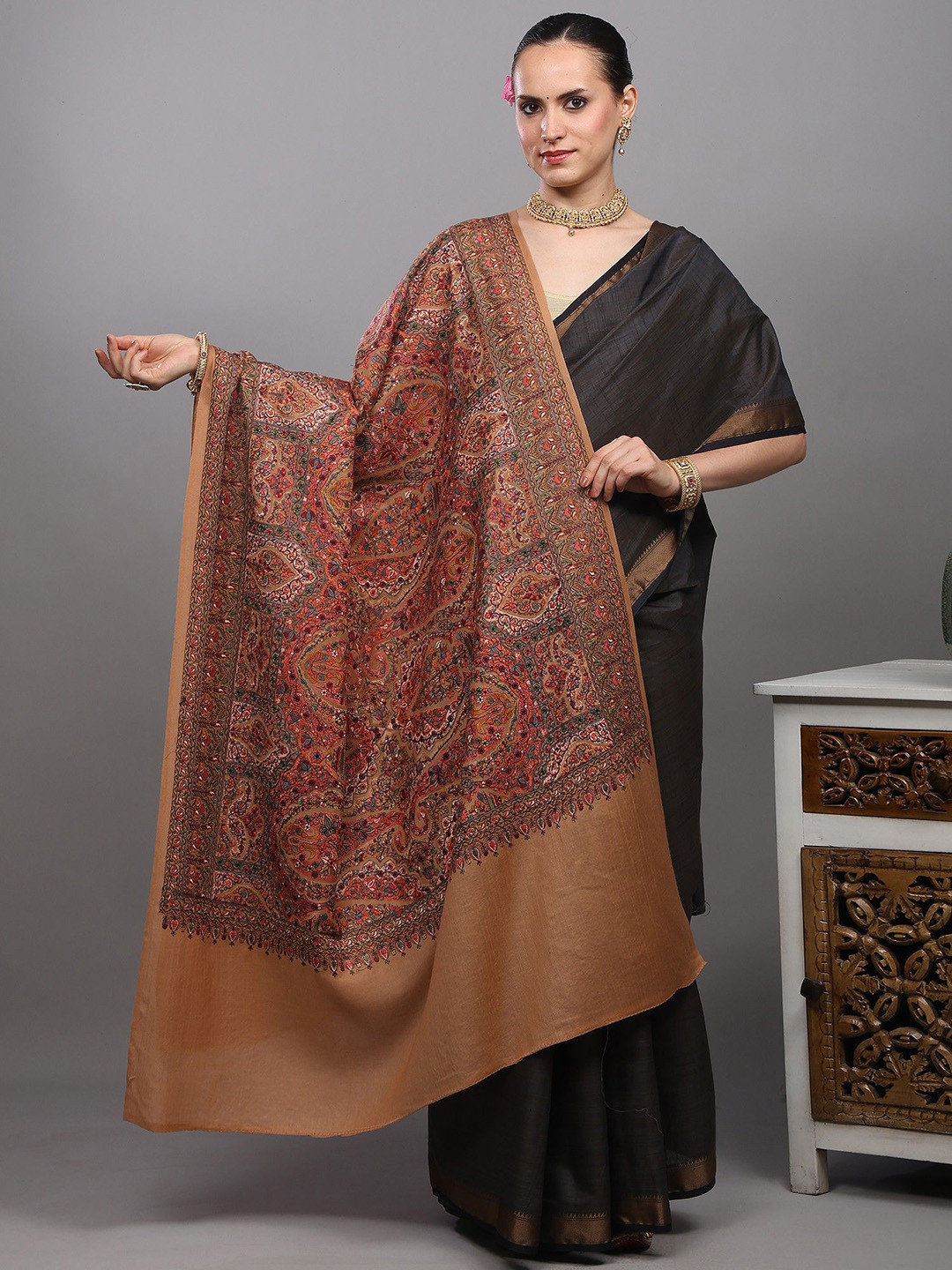 Exotic India Amritsar Floral Thread Dense Embroidered Pure Woollen Shawl