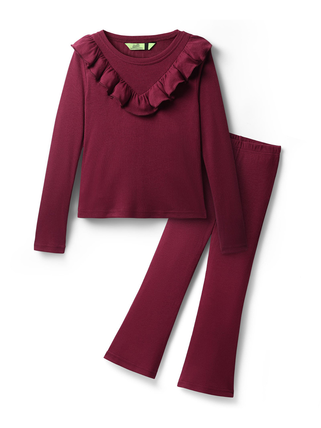 YK Girls Round Neck 2x2 Rib Full Sleeve Ruffle Top With Bell Bottom Set