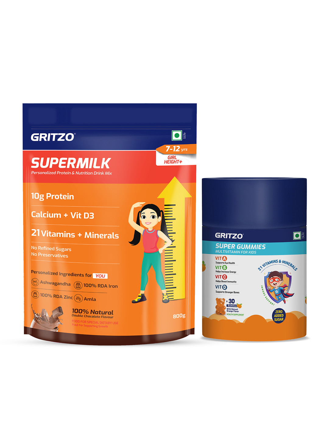 GritzoSet Of 2 Supermilk Height+ - 800 g - Chocolate & Super Gummies 30 Nos - Orange