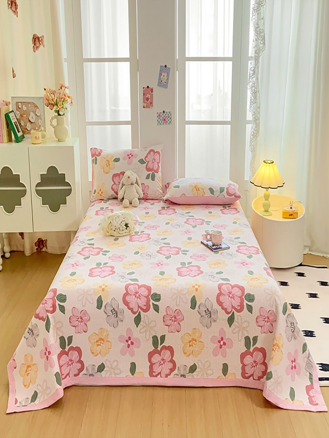 JC HOME Set Of 3 Pink & Green Floral Printed 162 TC Single Bed & Pillow Covers